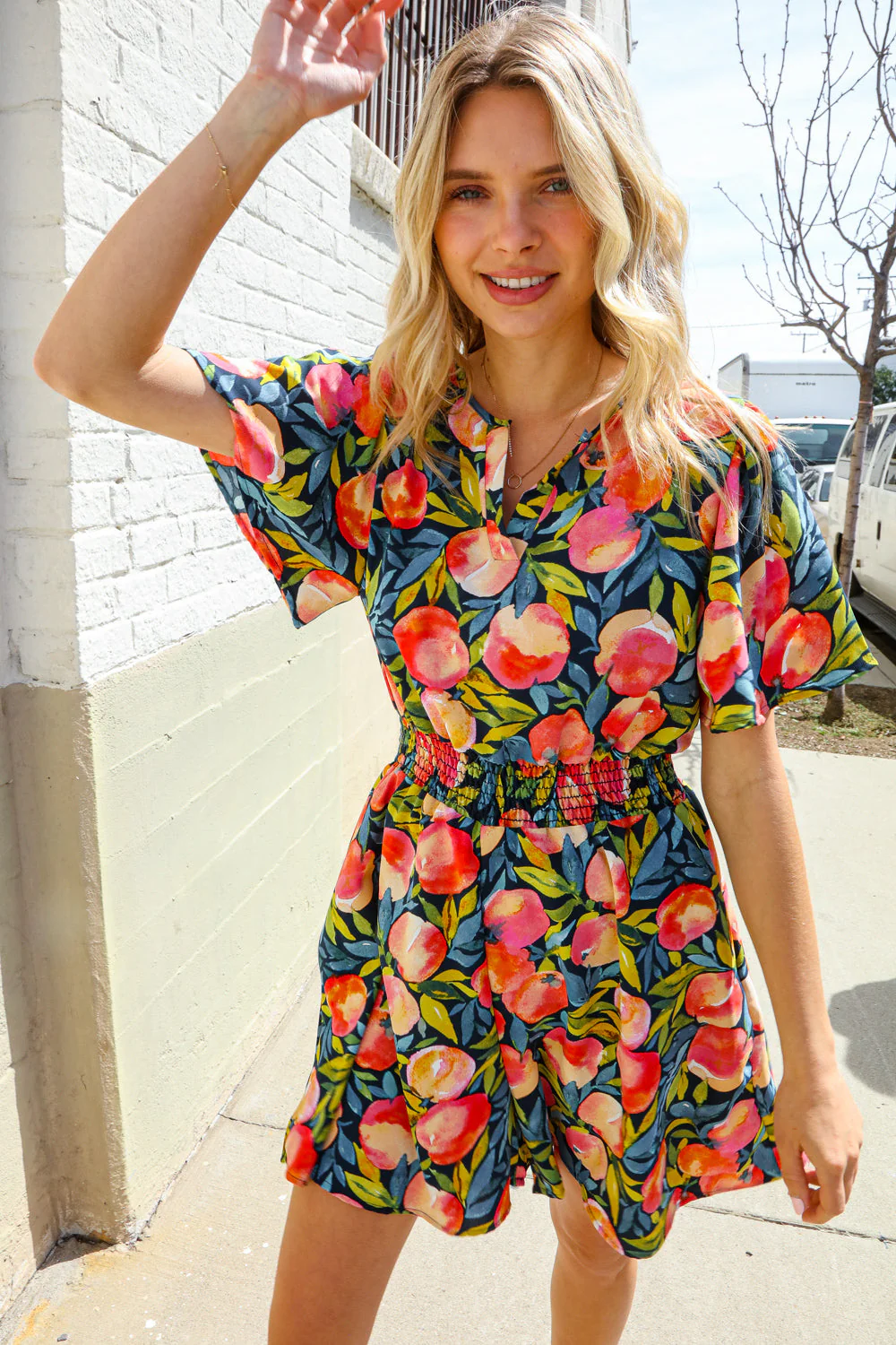 Sunny Days Floral Print Smocked Waist Back Neck Button Romper (Open Pack)