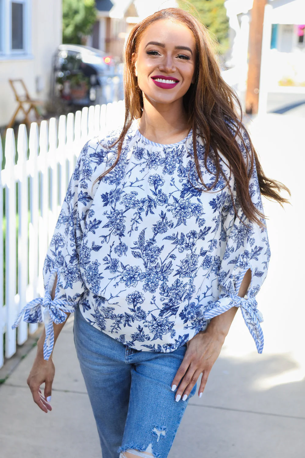 Vintage Chic Navy & Ivory Three-Quarter Bow Sleeve Contrast Stripe Blouse (Open Pack)