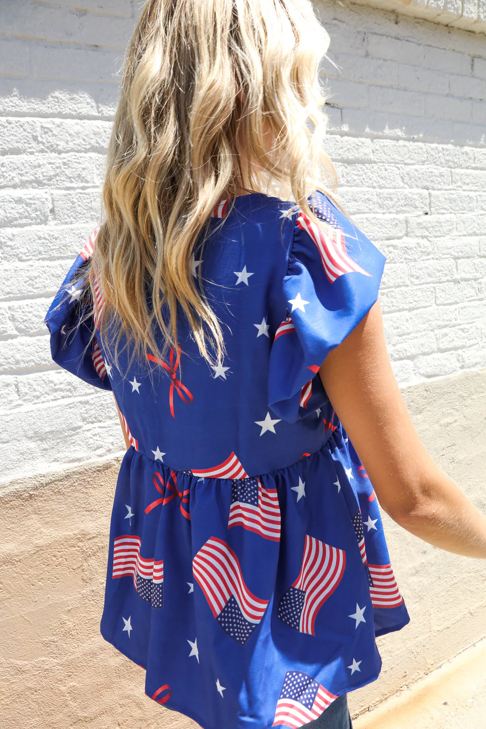 American Flag Blue & Red Stars & Bow Print Woven Top (Open Pack)