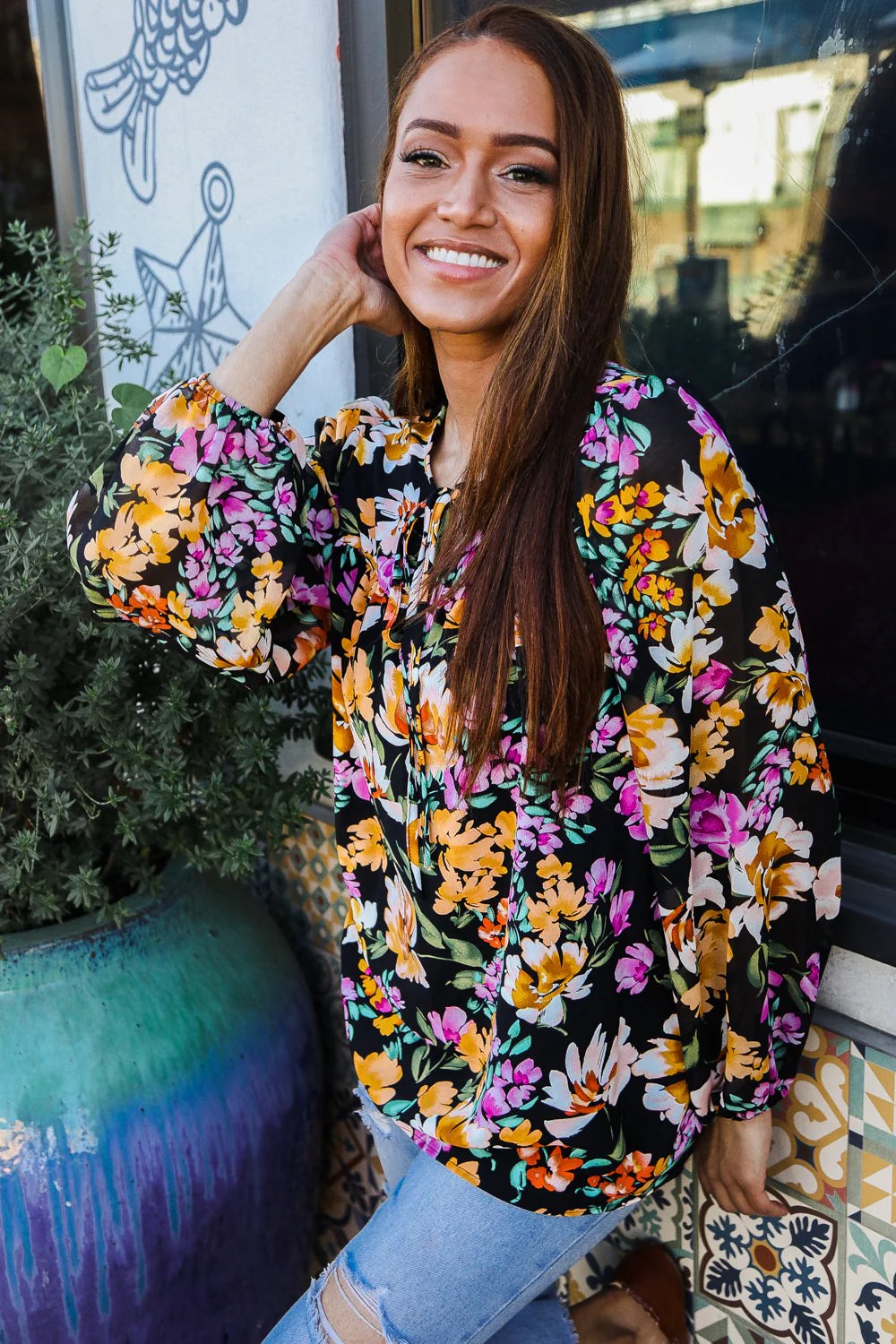 Boho Vibes Notch Tie Neck Floral Print Long Sleeve Blouse (Open Pack)