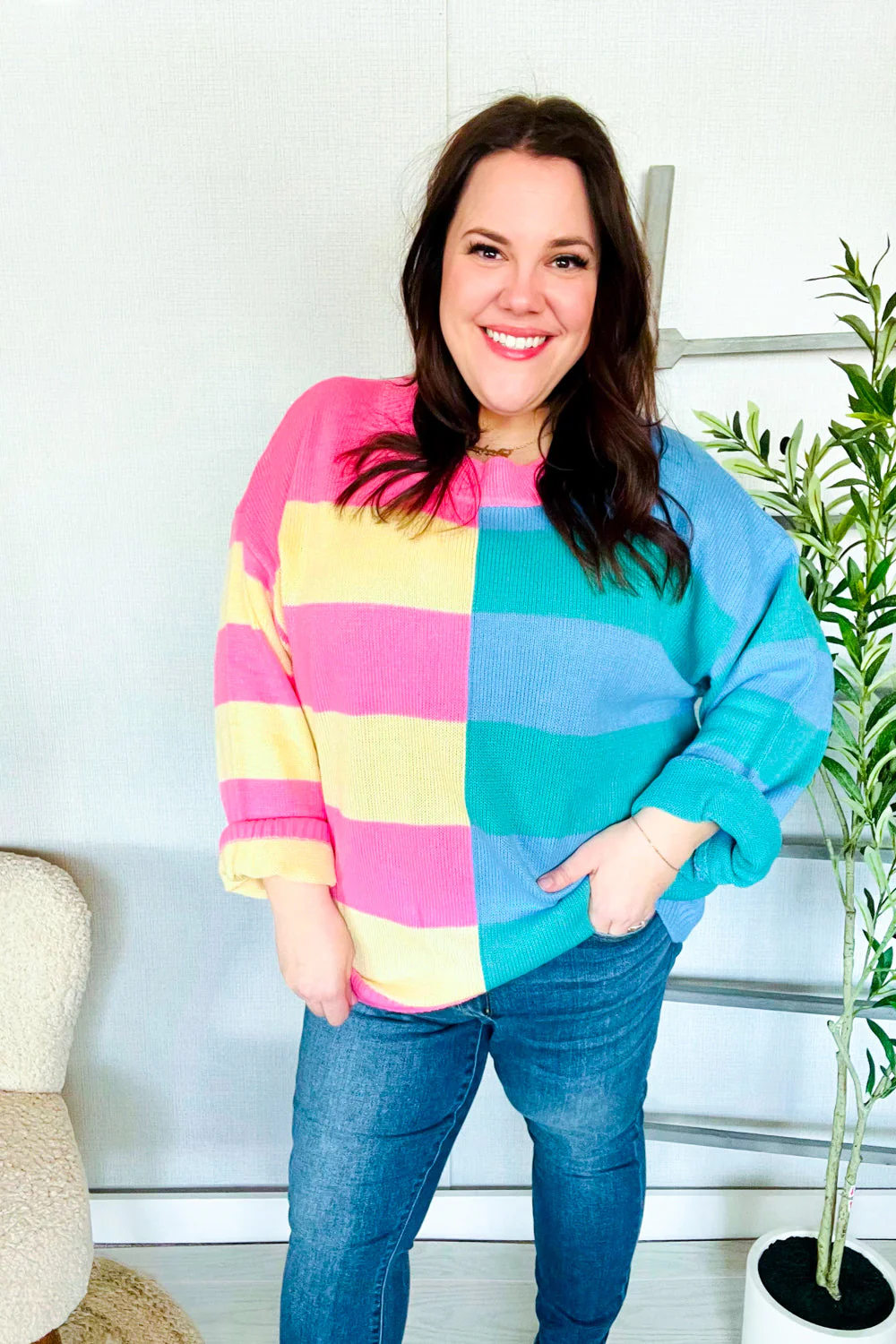Catch Glances Blush & Blue Stripe Color Block Knit Sweater (Open Pack)