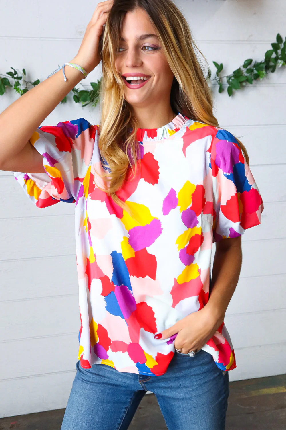 Multicolor Print Frilled Mock Neck Puff Sleeve Top (Open Pack)