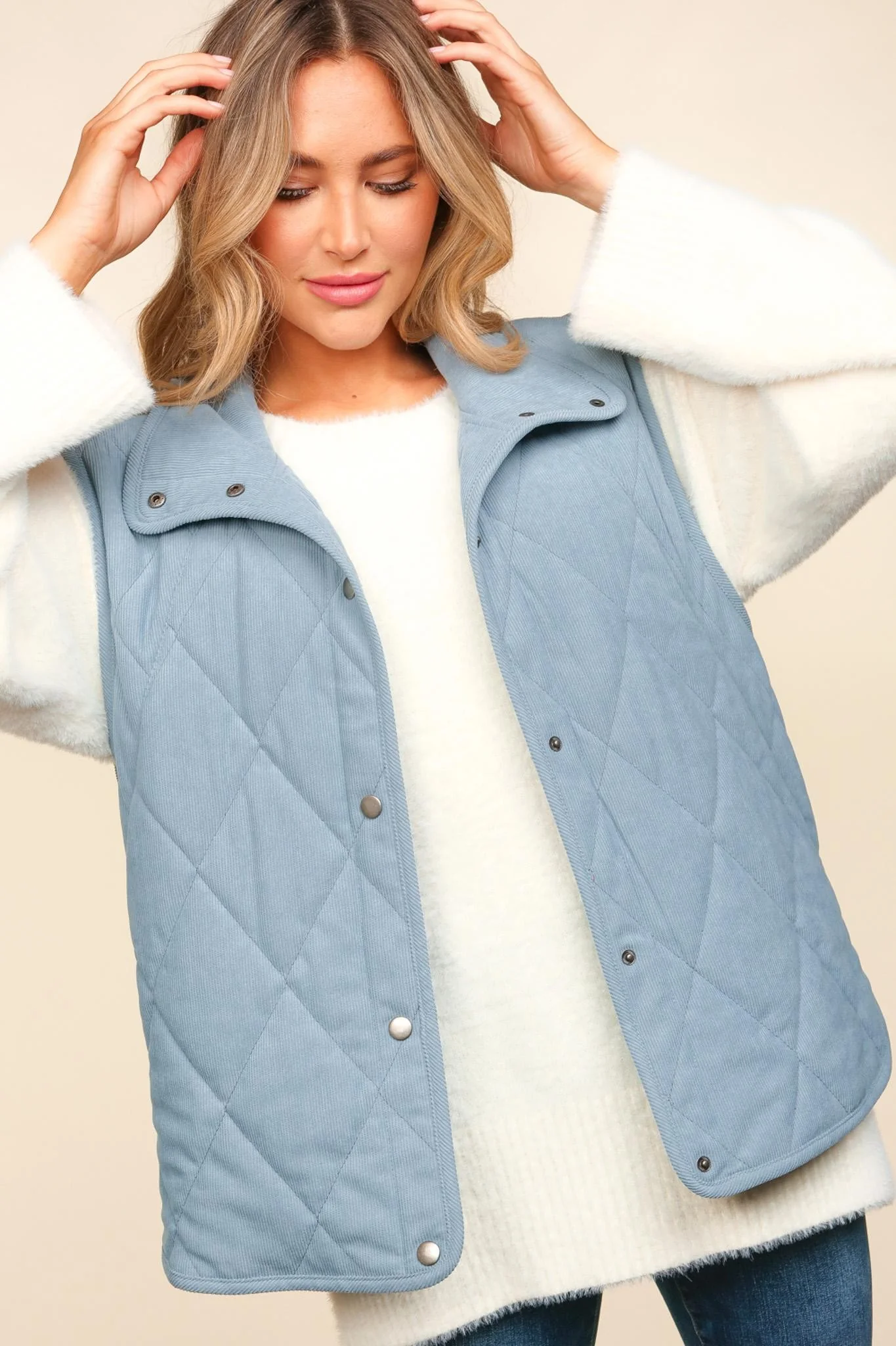 Slat Blue High Neck Sleeveless Snap Button Corduroy Vest