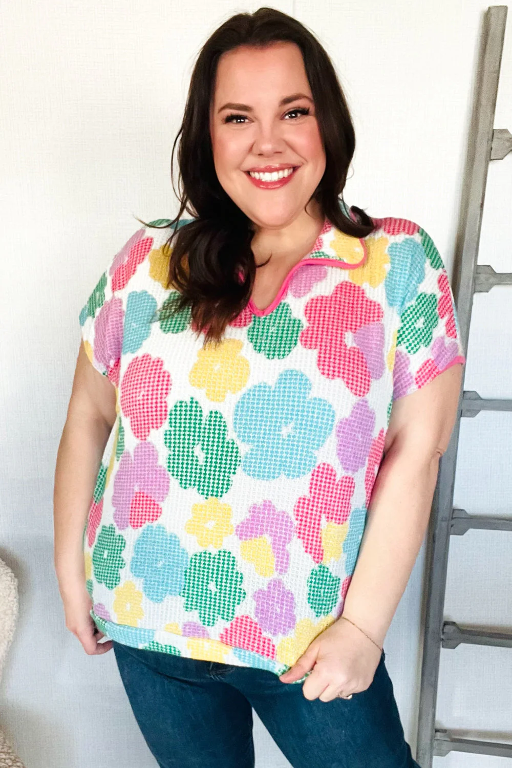 Spring Vibes Multicolor Floral Collar Notch Neck Waffle Knit Top (Open Pack)