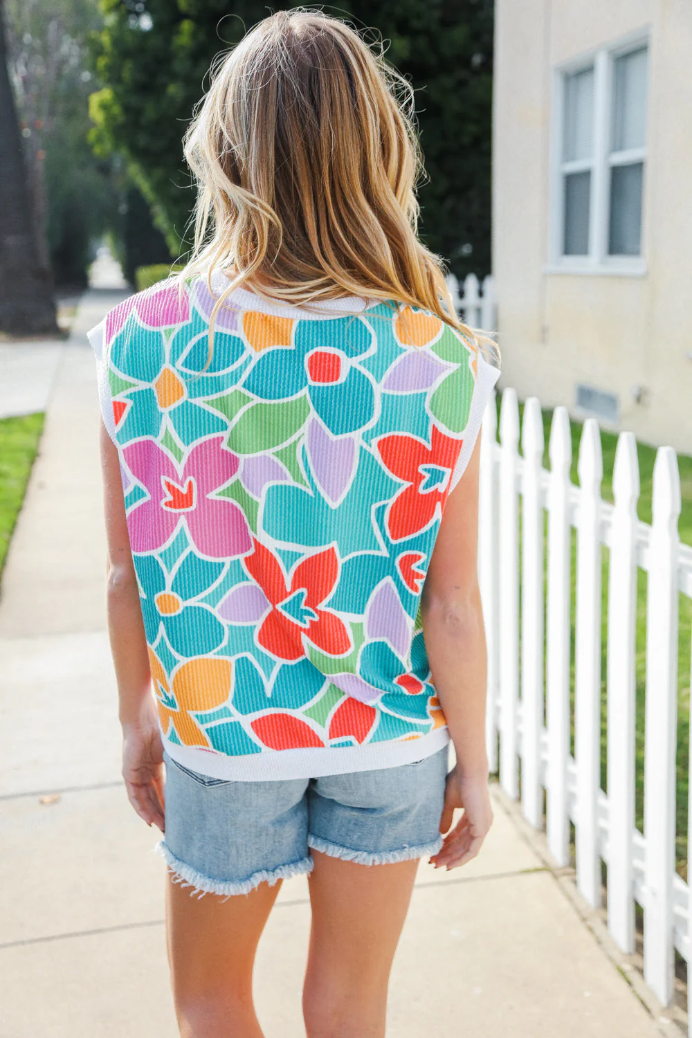 Beautiful You Teal Multicolor Floral Rib Dolman Sleeve Top (Open Pack)