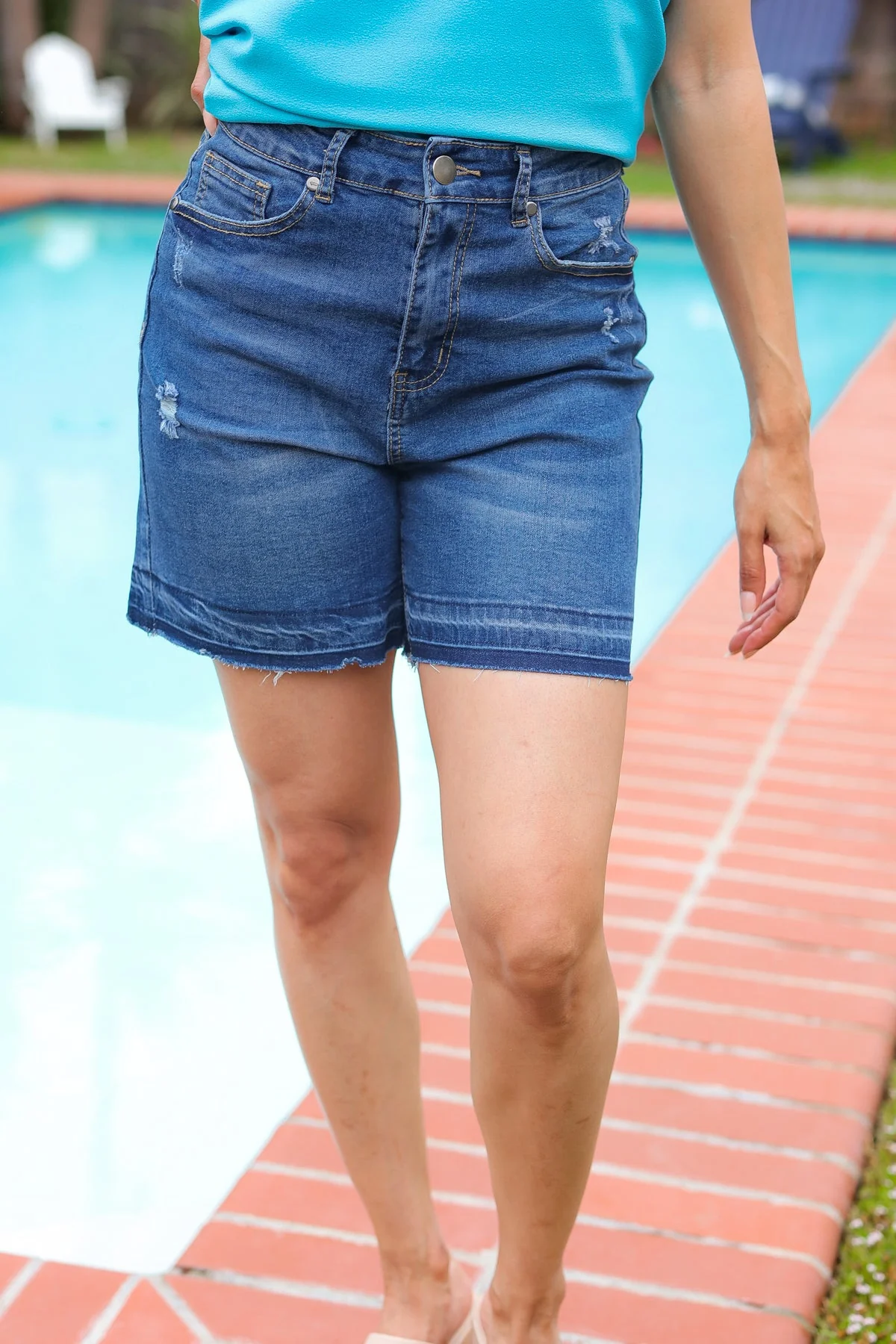 Indigo Blue High Rise Release Hem Distressed Jean Shorts (Open Pack)