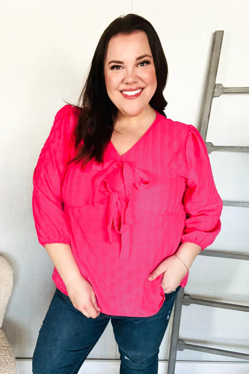 Stay With Me Pink V Neck Ribbon Bow Babydoll Woven Blouse (Open Pack)
