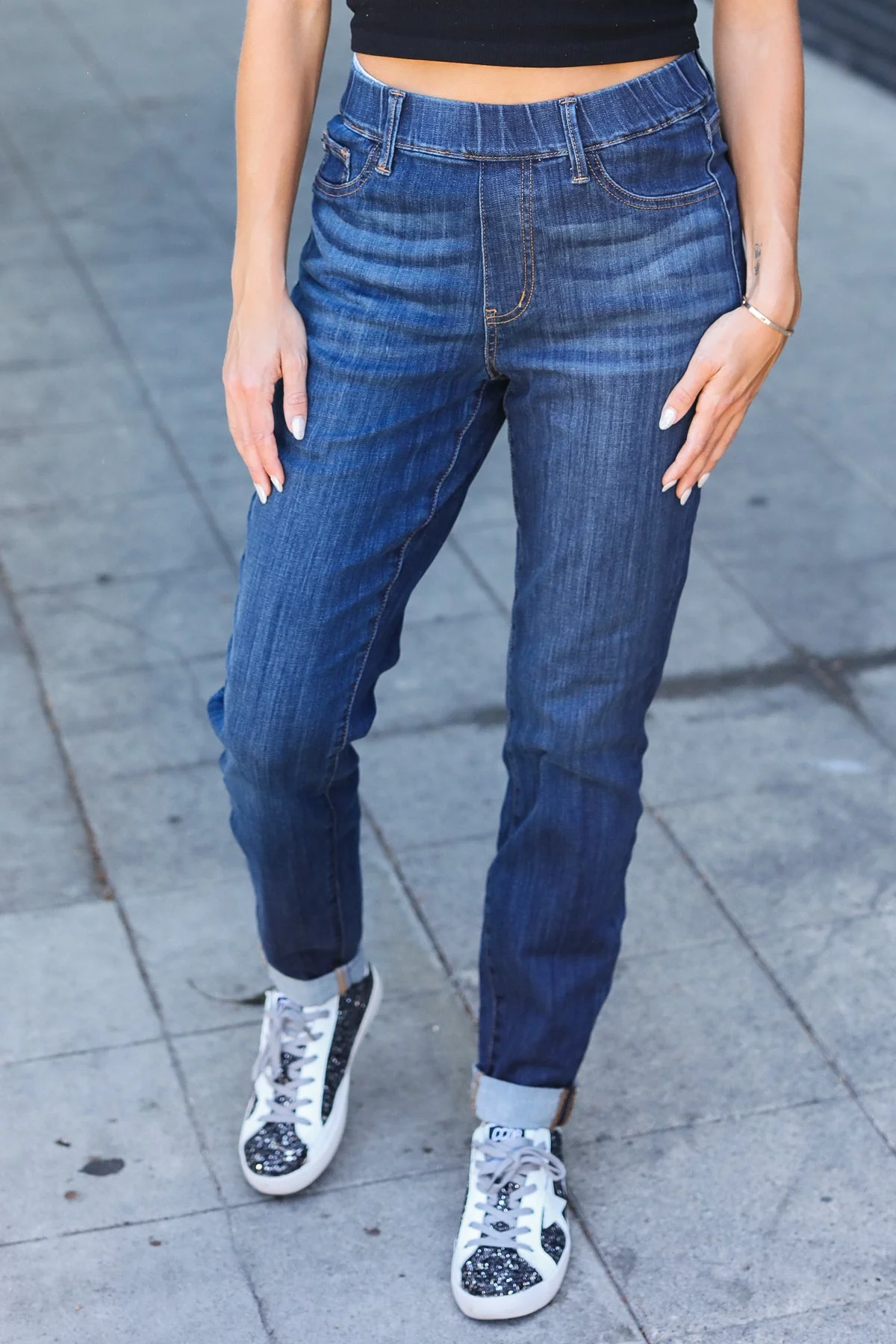 Dark Wash Pull On Cuffed Slim Fit Jeans (Open Pack)