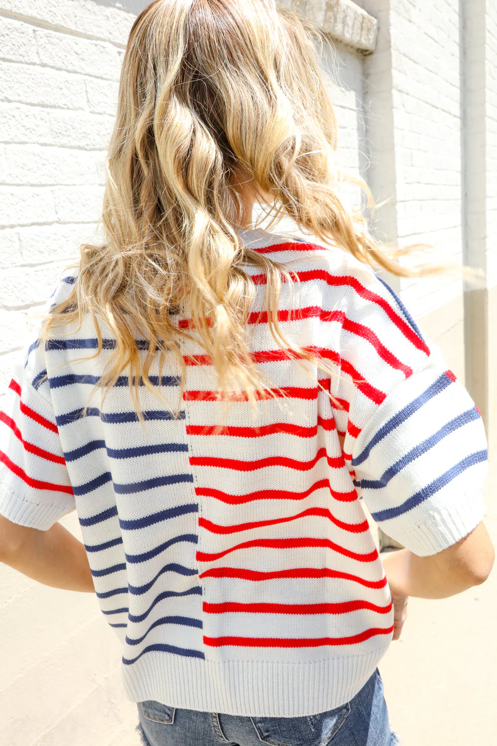 Patriotic Red & Blue Stripe Drop Shoulder Oversize Sweater Top (Open Pack)