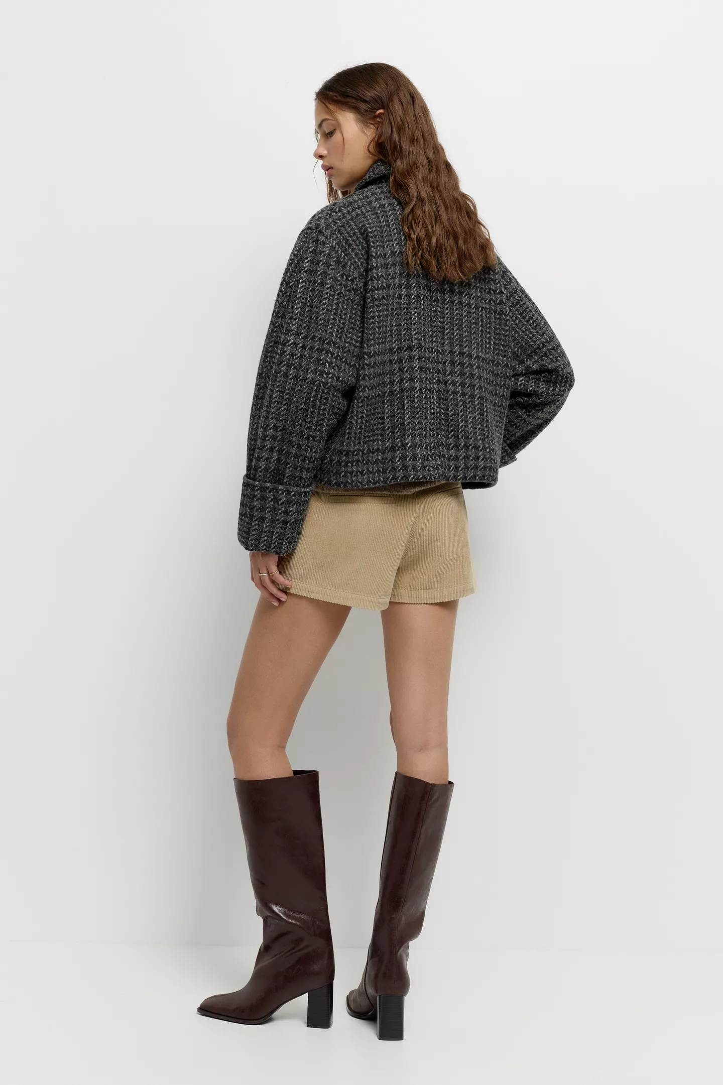Short checked felt coat
