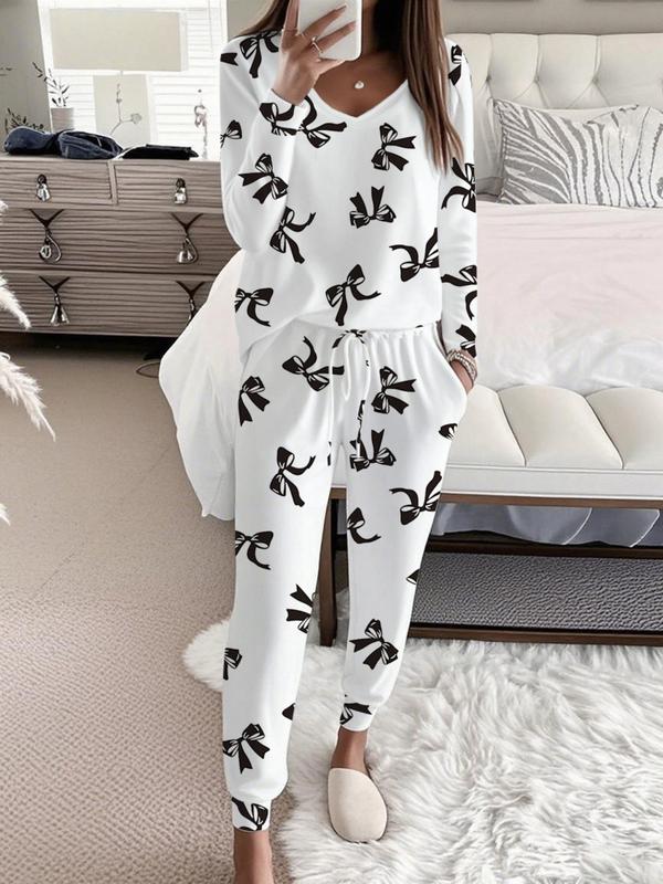 Women's Bow Print Casual Set, Long Sleeve V Neck Top