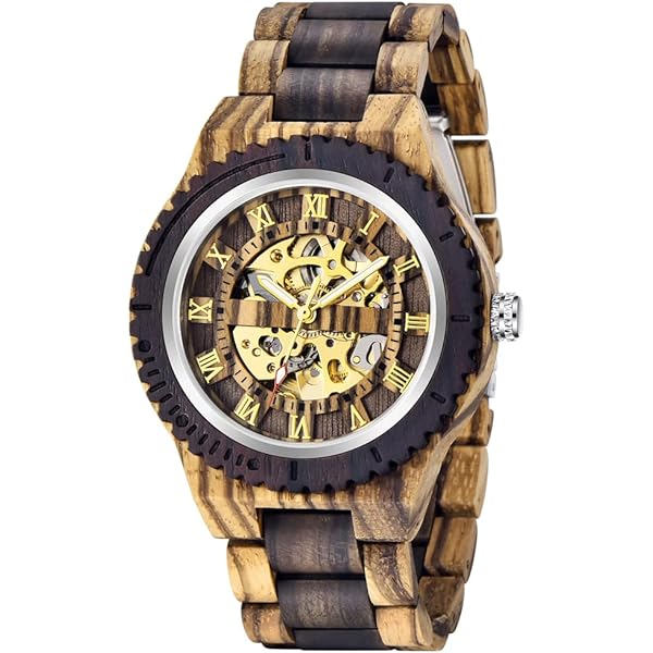 Men's Wooden Watch Triangle Skeleton Automatic Watch Mechanical Wood Watches for Men Brown