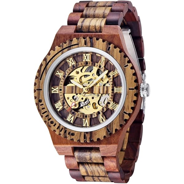 Men's Wooden Watch Triangle Skeleton Automatic Watch Mechanical Wood Watches for Men Red