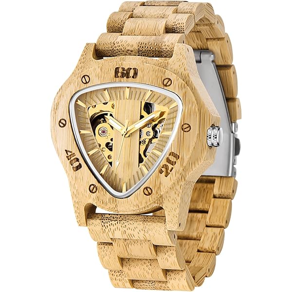 Men's Wooden Watch Triangle Skeleton Automatic Watch Mechanical Wood Watches for Men browm&yellow