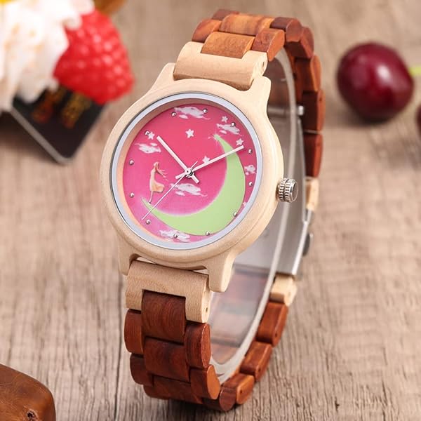 Womens Wooden Watch with All Wood Strap Analog Classic Design Colorful Bamboo Ladies Watches for Women, Couples WD1223-Red