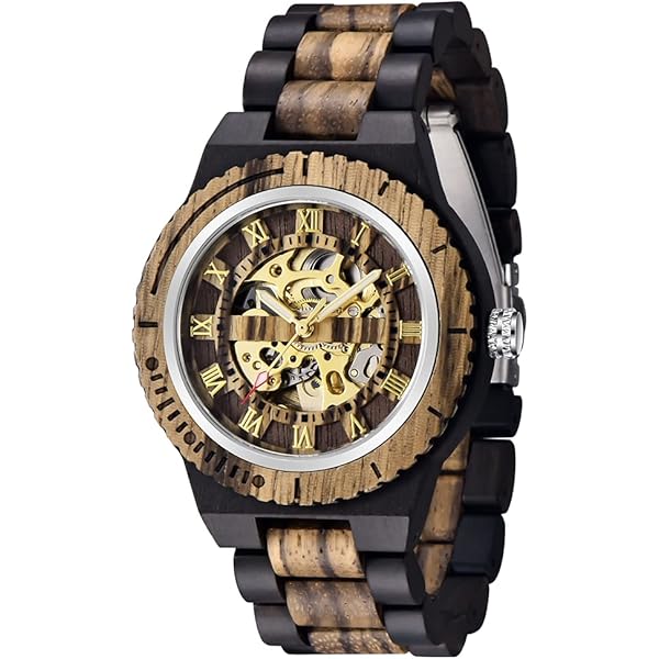 Men's Wooden Watch Triangle Skeleton Automatic Watch Mechanical Wood Watches for Men black&brown