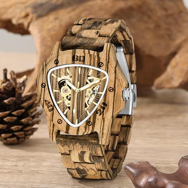 Men's Wooden Watch Triangle Skeleton Automatic Watch Mechanical Wood Watches for Men Tan