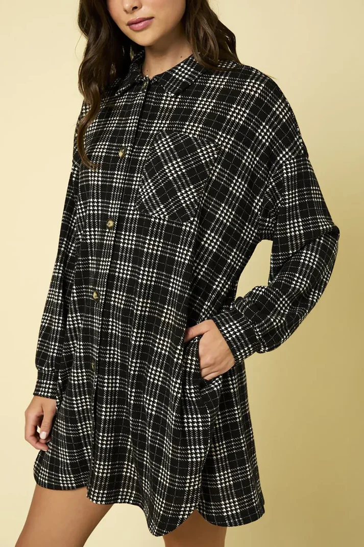 Plaid Button-Up Pockets Oversized Shirt Jacket