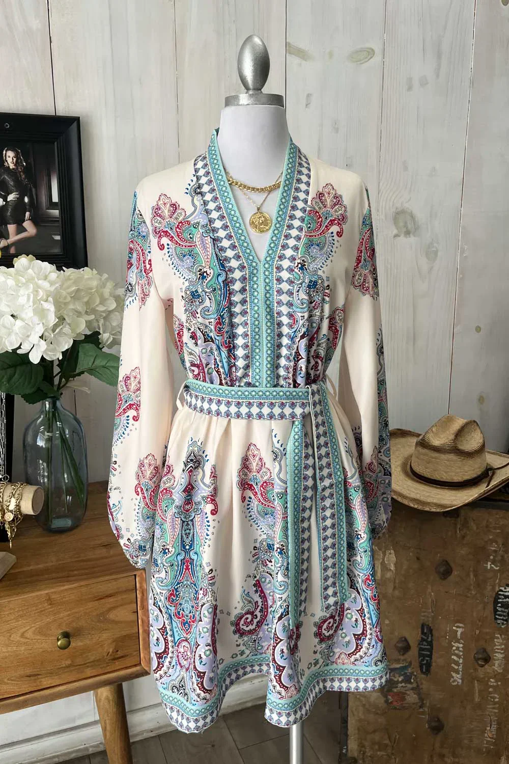 Bohemian Paisley V-Neck Long Sleeve Belted  Fashion Mini Dress