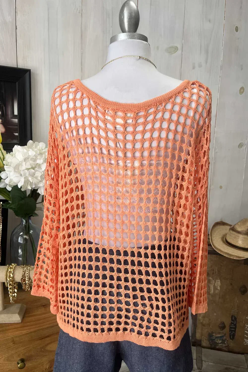 Orange Long Sleeve Crochet Bohemian Top