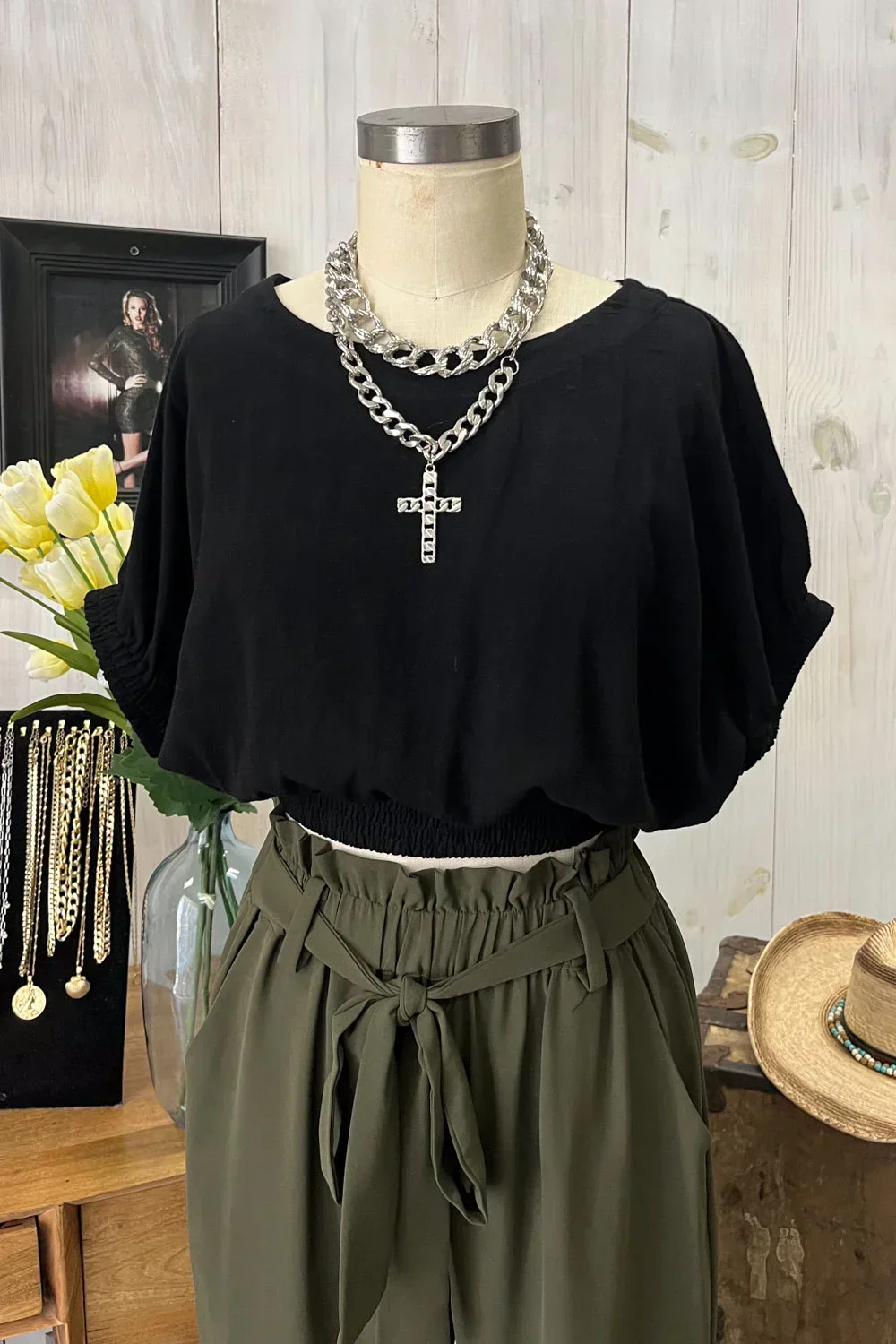 Black Smocked Hem V-Neck Dolman Sleeve Cropped Blouse Top