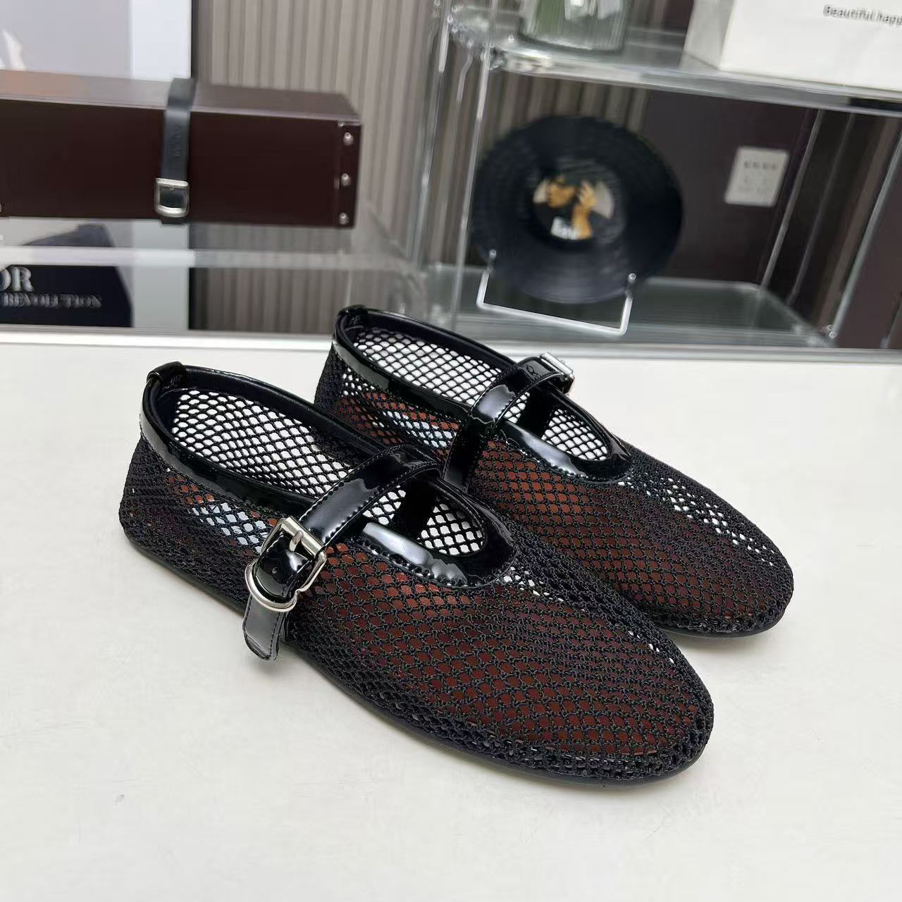 Alaia Mesh Ballet Flats  Mary Jane Woman Shoes Buckle Strap Fishnet Ballerina Lady shoes