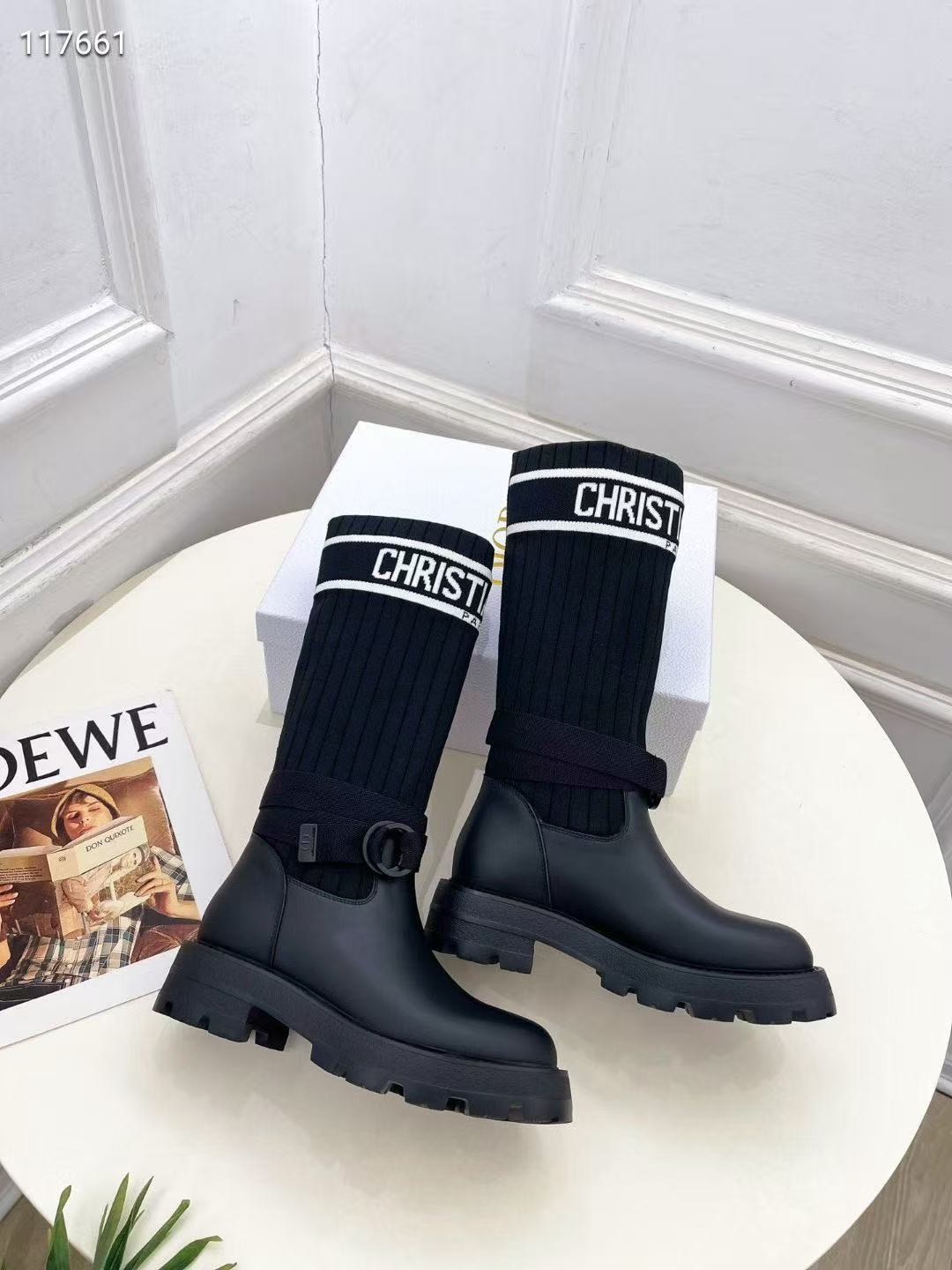 Designer boots for women black calfsink with technical knit lady shoes