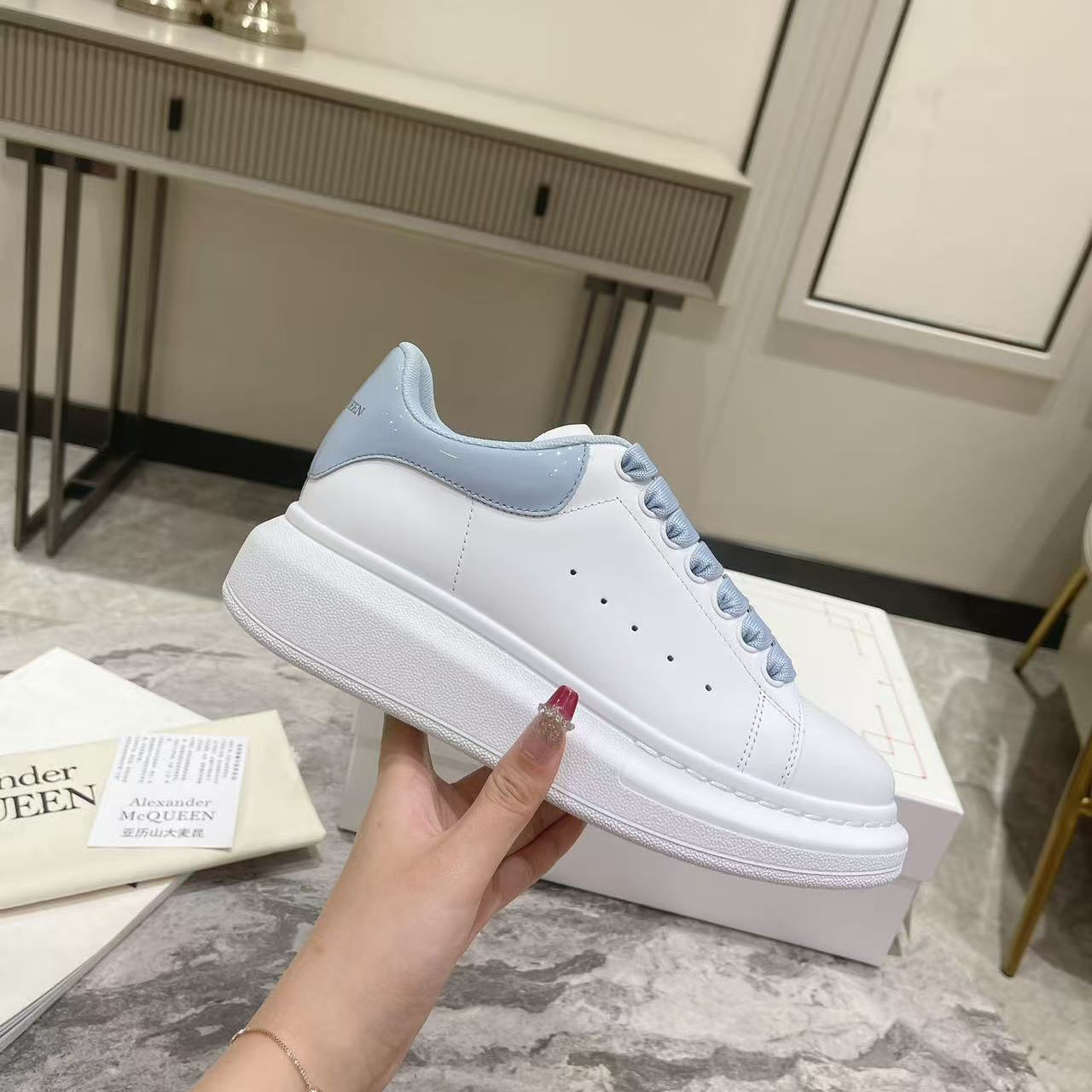 Alexander McQueen Oversized Sneakers - White with Light Blue Accent | Men's/Women's Platform Shoes