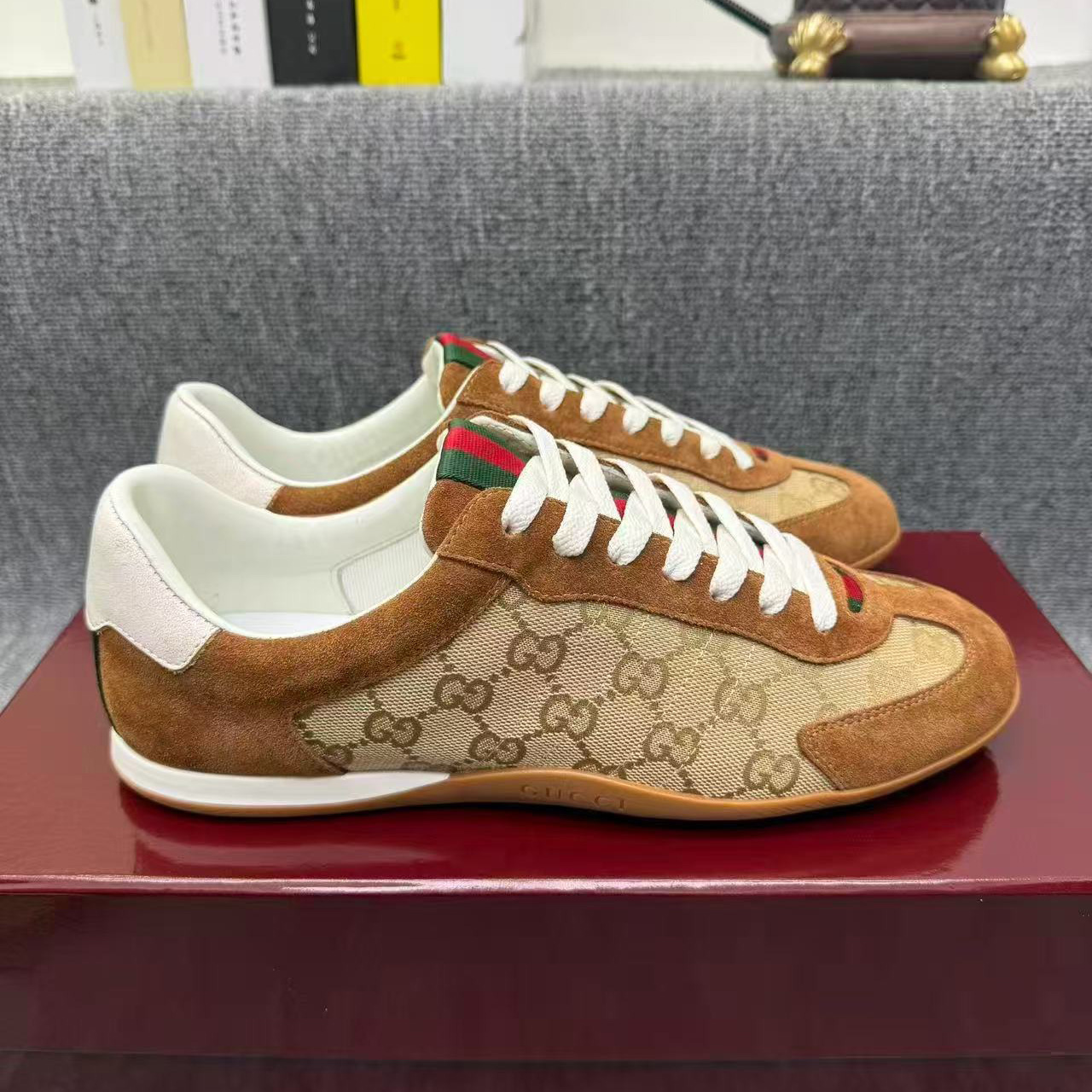 Gucci Screener Casual Sneakers - Beige GG Canvas Web Stripe Men's Shoes