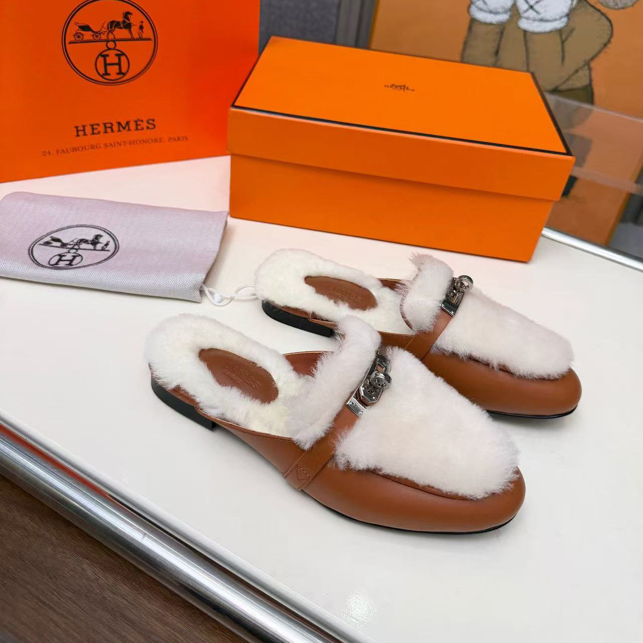 Carlotta Mules Black Calfskin with White Shearling & Palladium Kelly Buckle Women's Slippers