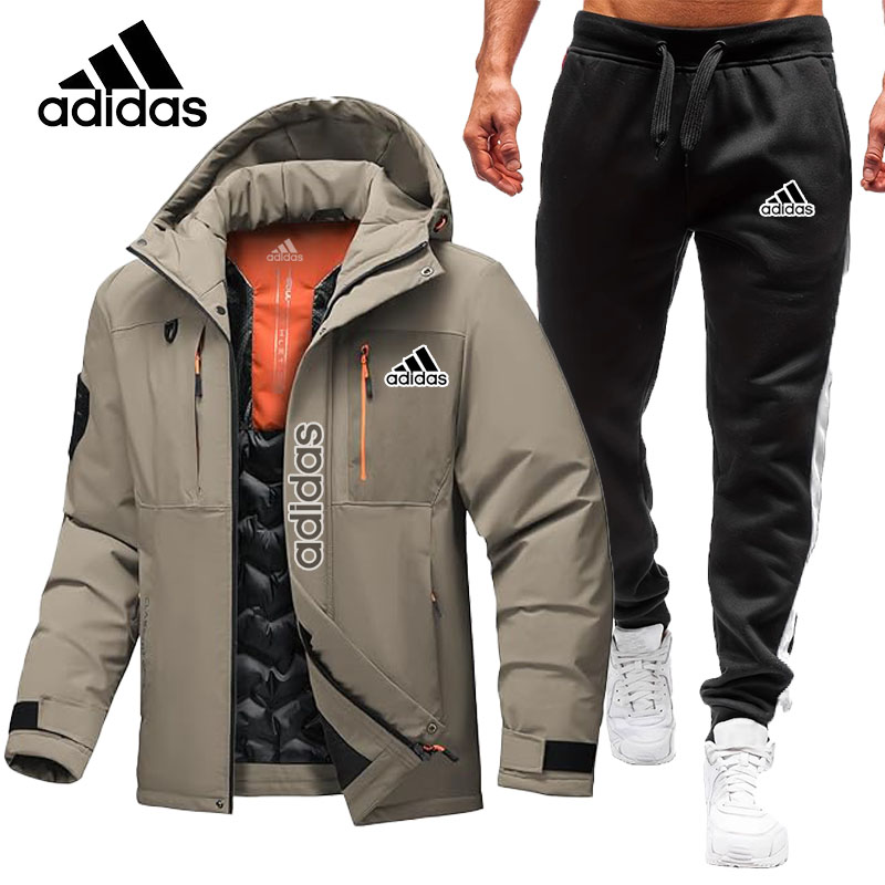 Nowa męska ciepła, wodoodporna, wiatroszczelna kurtka Adidas z kapturem, ciepła i lekka, zimowa kurtka śnieżna + spodnie