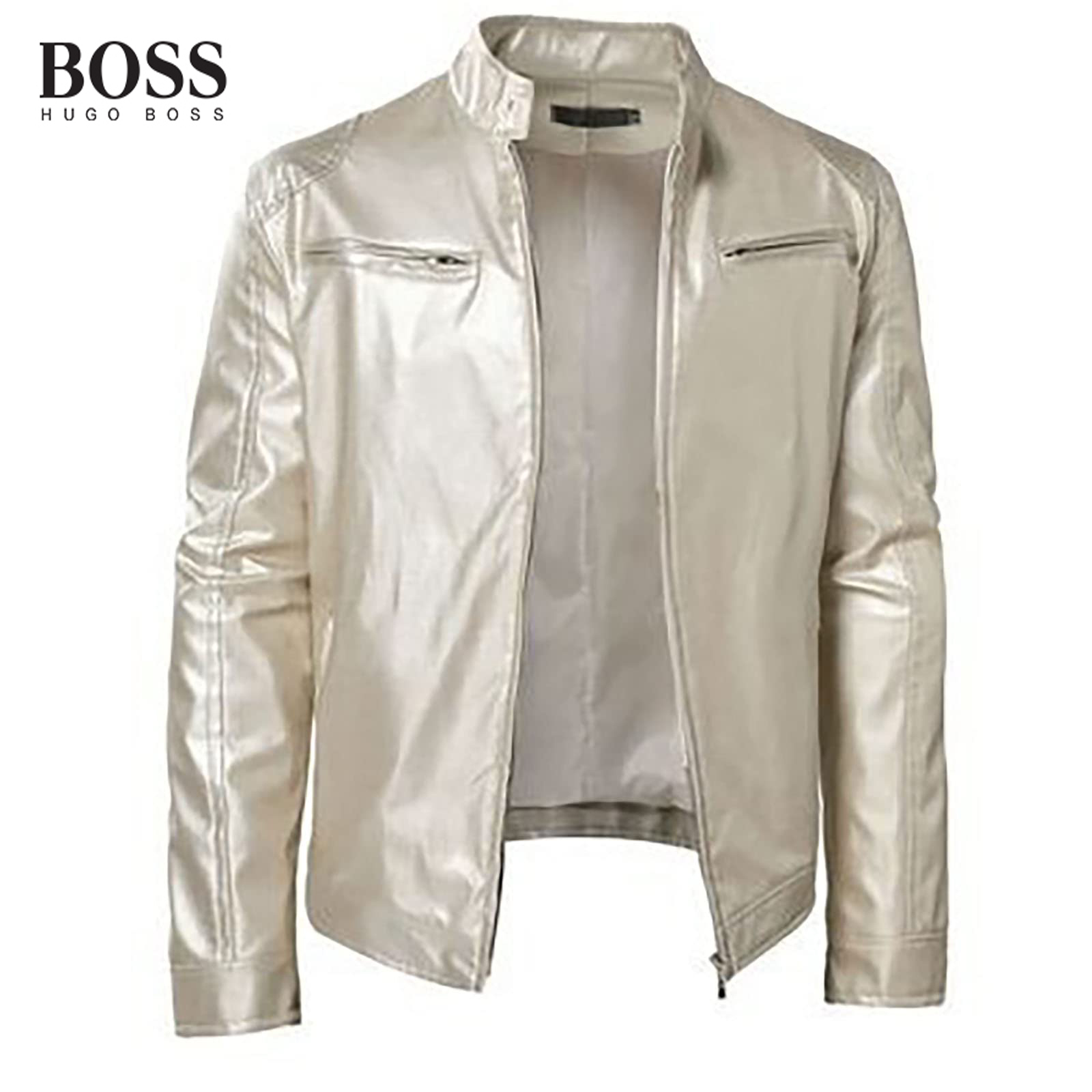 Men's Stand Collar Leather Jacket Lightweight Zipper Leather Coat Slim Fit Biker Jacket
