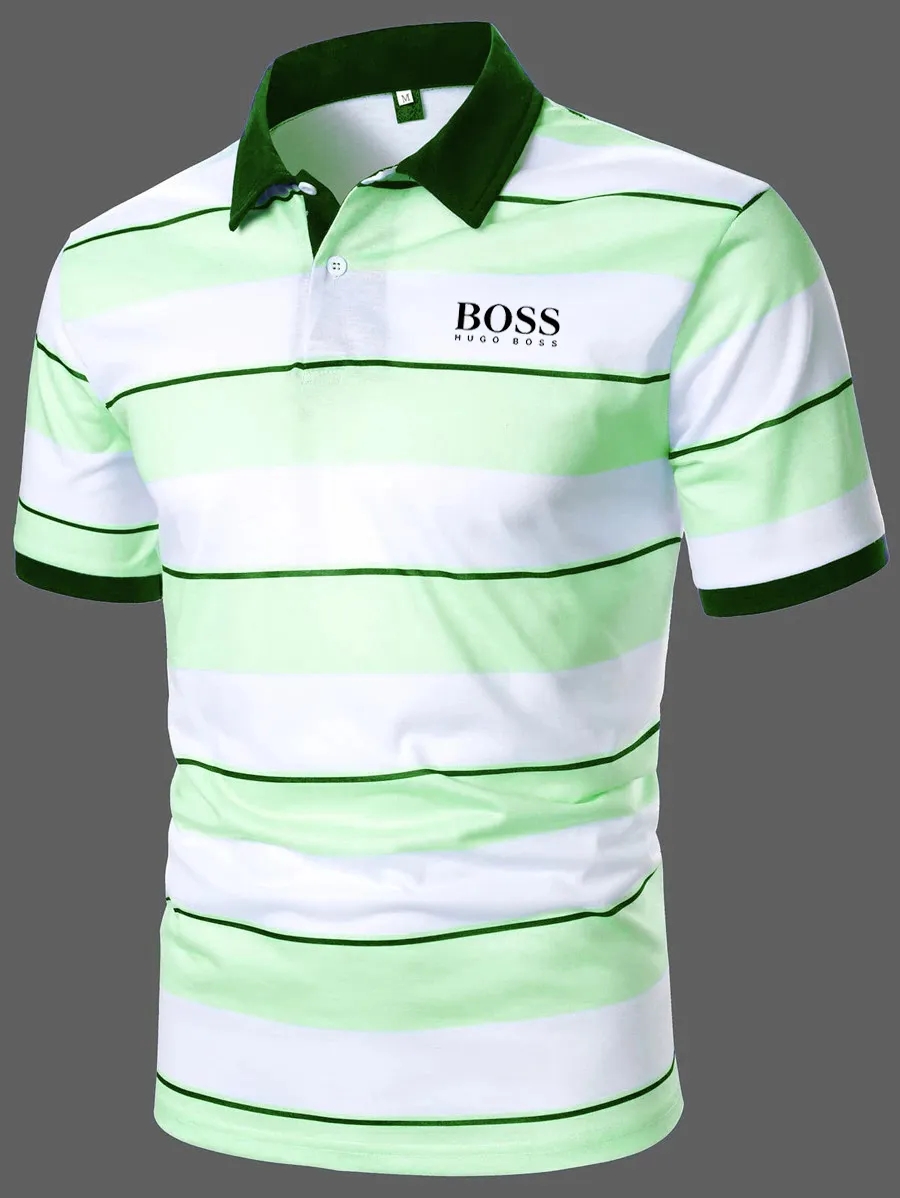 Men Block Striped Casual Short Sleeve Polo Shirt
