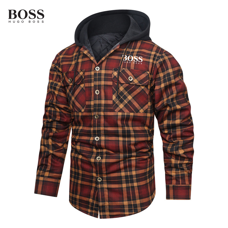 Thick Plaid Long Sleeve Loose Hooded Sweathershirt Men