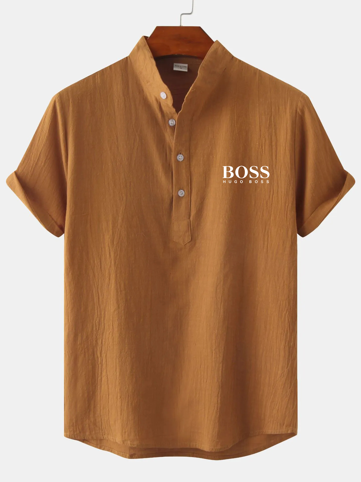 Men's Cotton Linen Stand Collar Casual Beach Short Sleeve Shirt