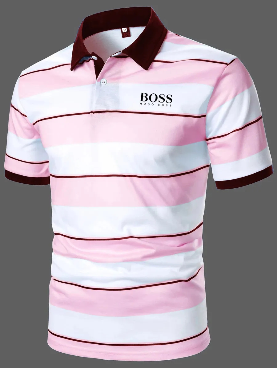 Men Block Striped Casual Short Sleeve Polo Shirt