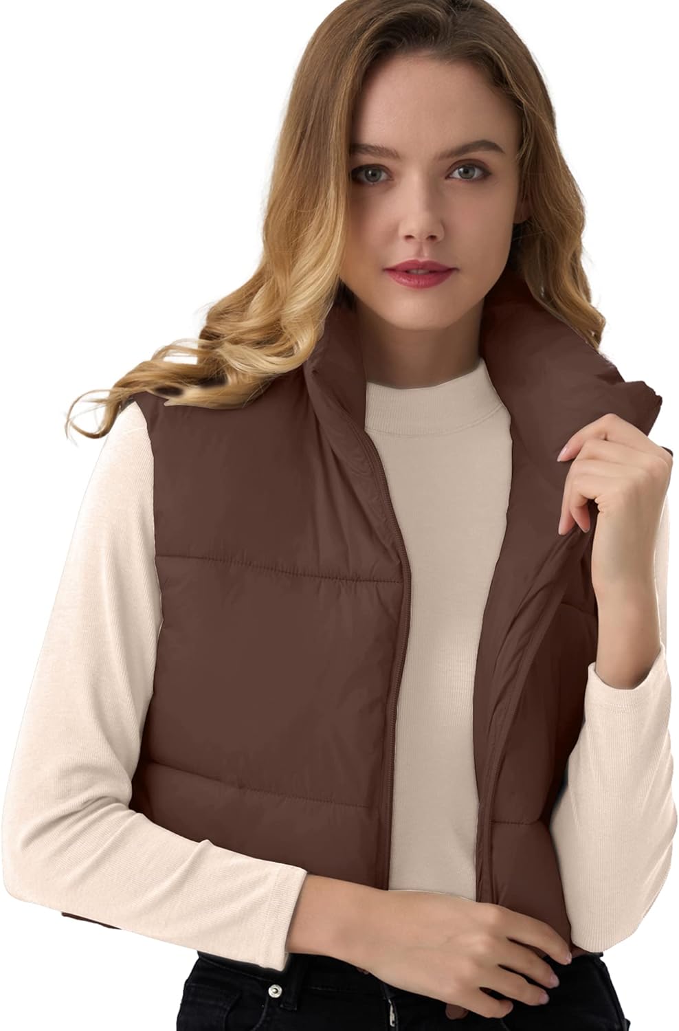 ANAYSN Women's Cropped Puffer Vest Lightweight Sleeveless Warm Vests For Women Winter Stand Collar Padded Gilet