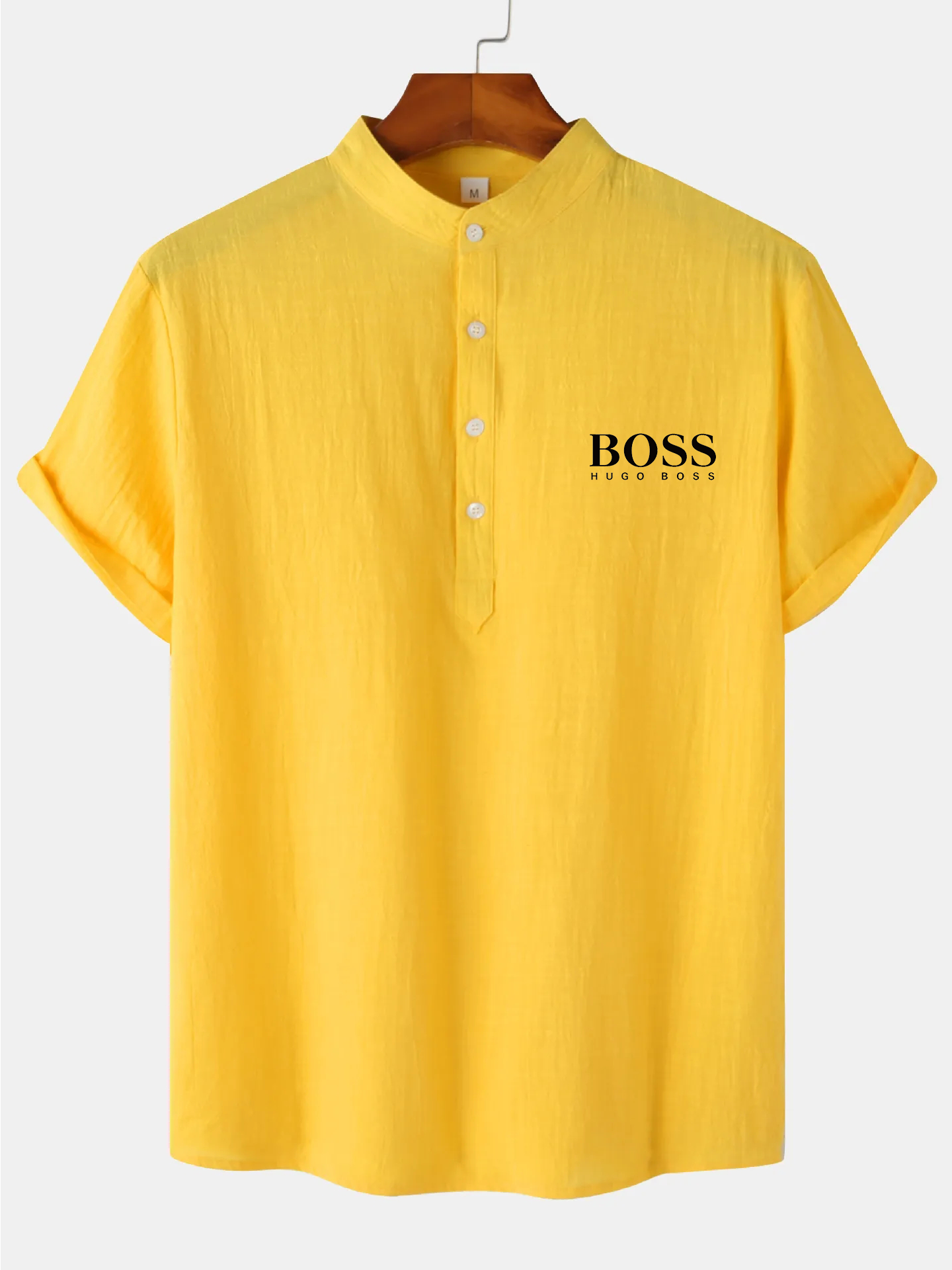 Men's Cotton Linen Stand Collar Casual Beach Short Sleeve Shirt