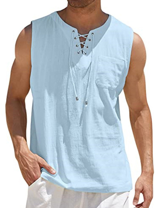 Men's Lace-Up Solid Color Cotton Linen Vest Shirt