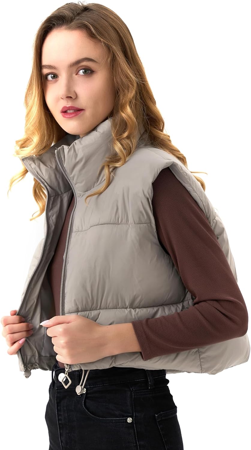ANAYSN Women's Cropped Puffer Vest Lightweight Sleeveless Warm Vests For Women Winter Stand Collar Padded Gilet