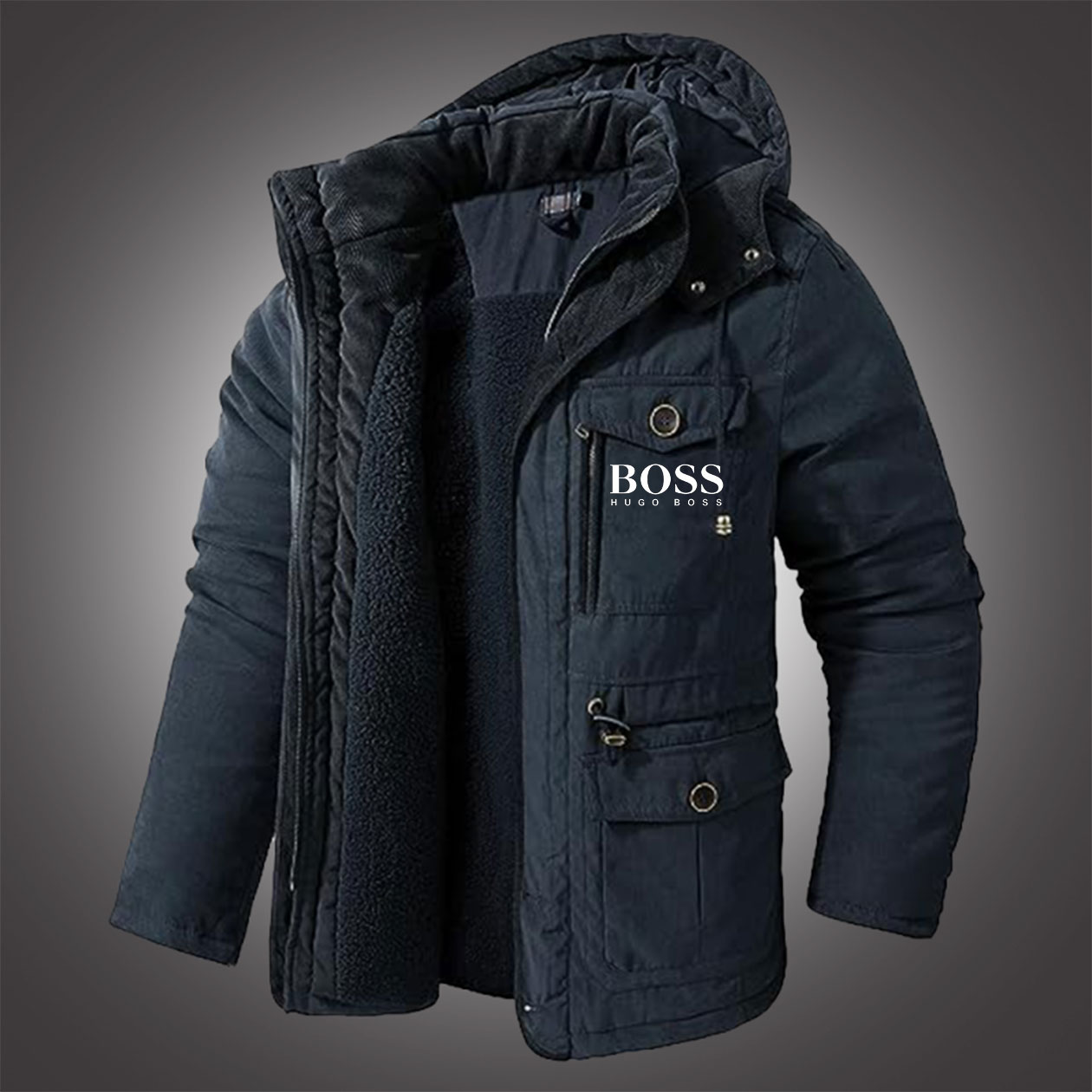 Men's Winter Hooded Jacket Windproof Lined Fleece Windbreaker Coat Outerwear Warm Parka