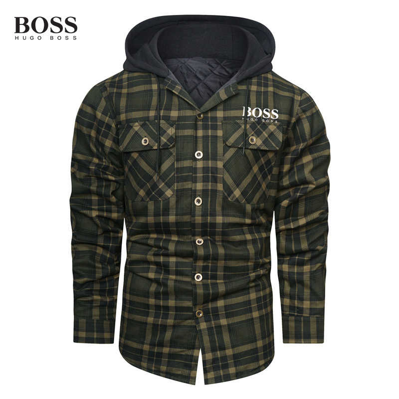 Thick Plaid Long Sleeve Loose Hooded Sweathershirt Men