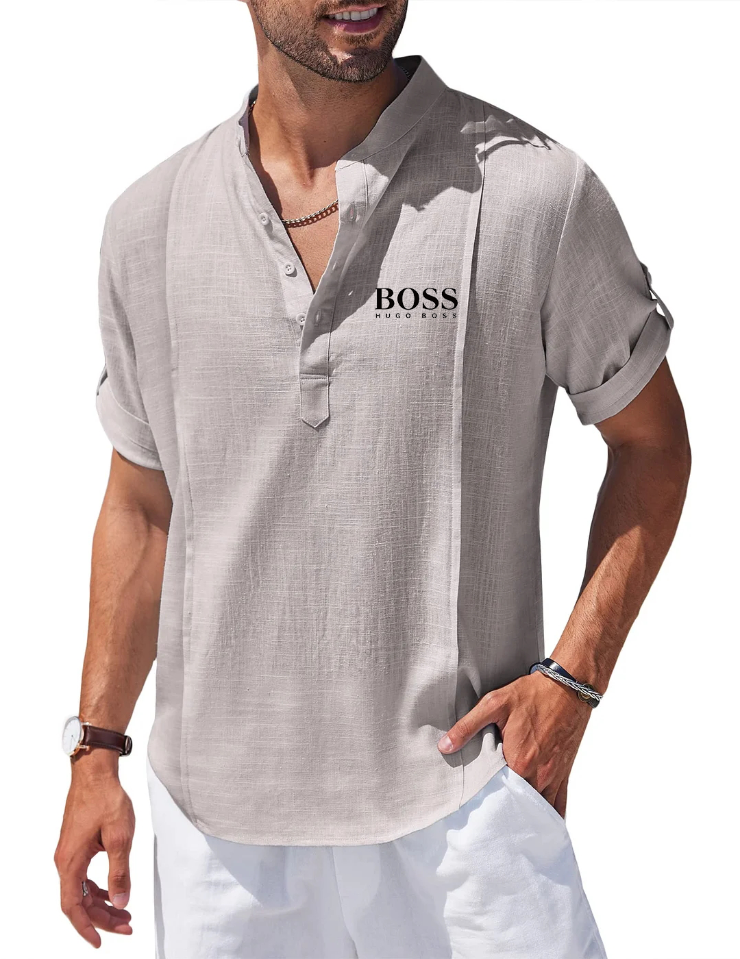 Men's Linen Cotton Henley Shirt Casual Beach Hippie Shirts Short Sleeve T Shirts