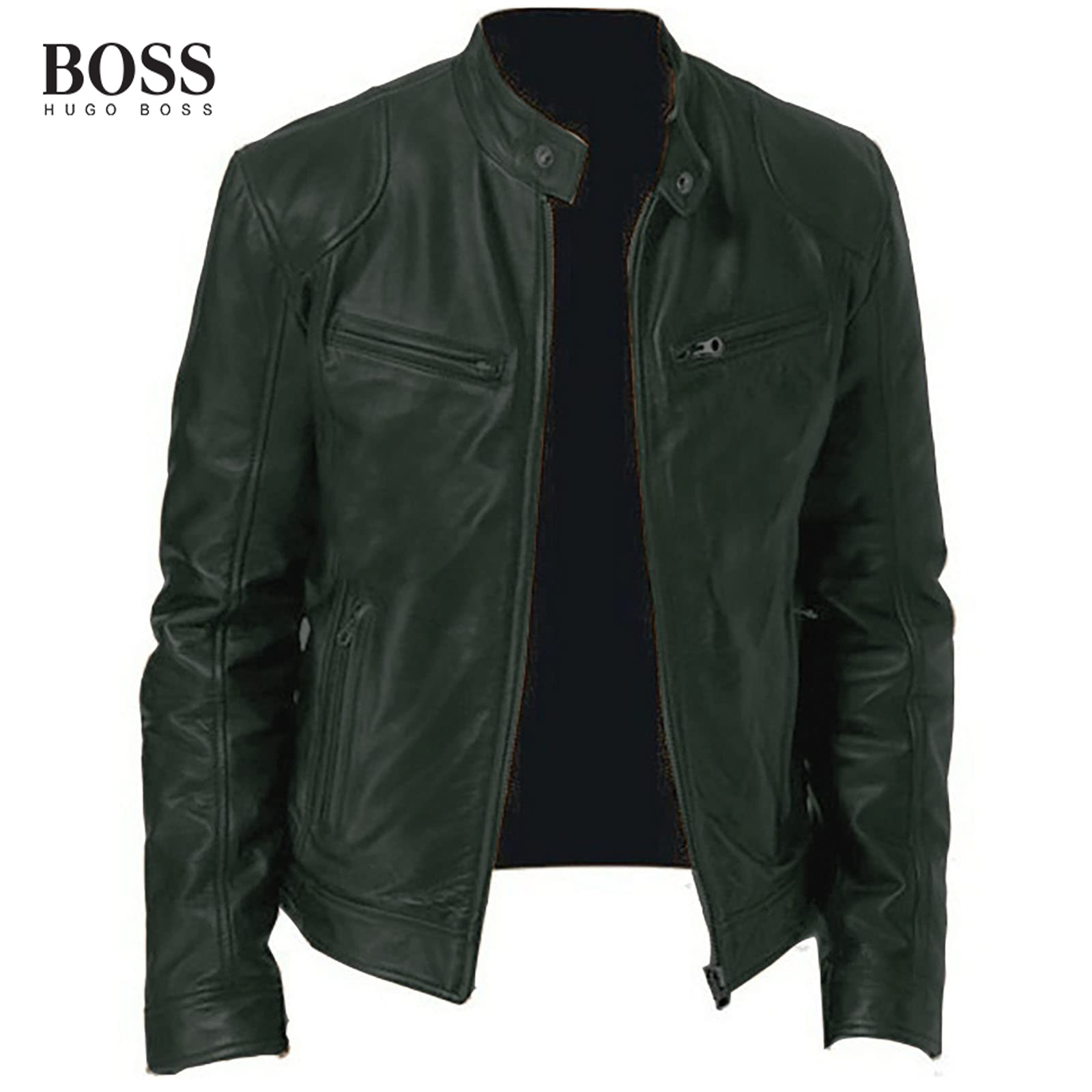 Men's Stand Collar Leather Jacket Lightweight Zipper Leather Coat Slim Fit Biker Jacket