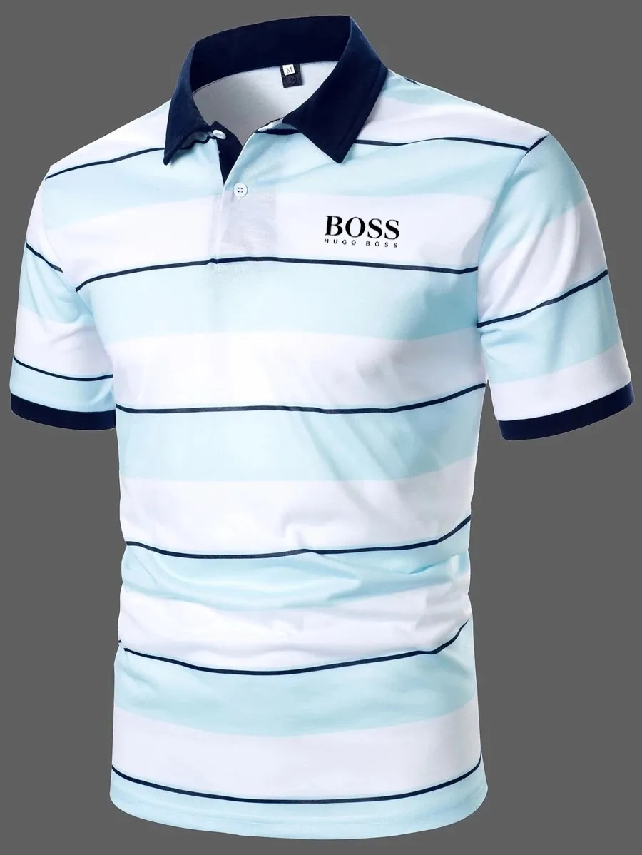 Men Block Striped Casual Short Sleeve Polo Shirt