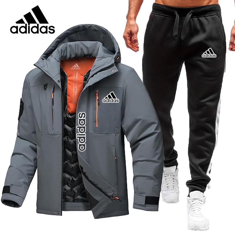 Nowa męska ciepła, wodoodporna, wiatroszczelna kurtka Adidas z kapturem, ciepła i lekka, zimowa kurtka śnieżna + spodnie