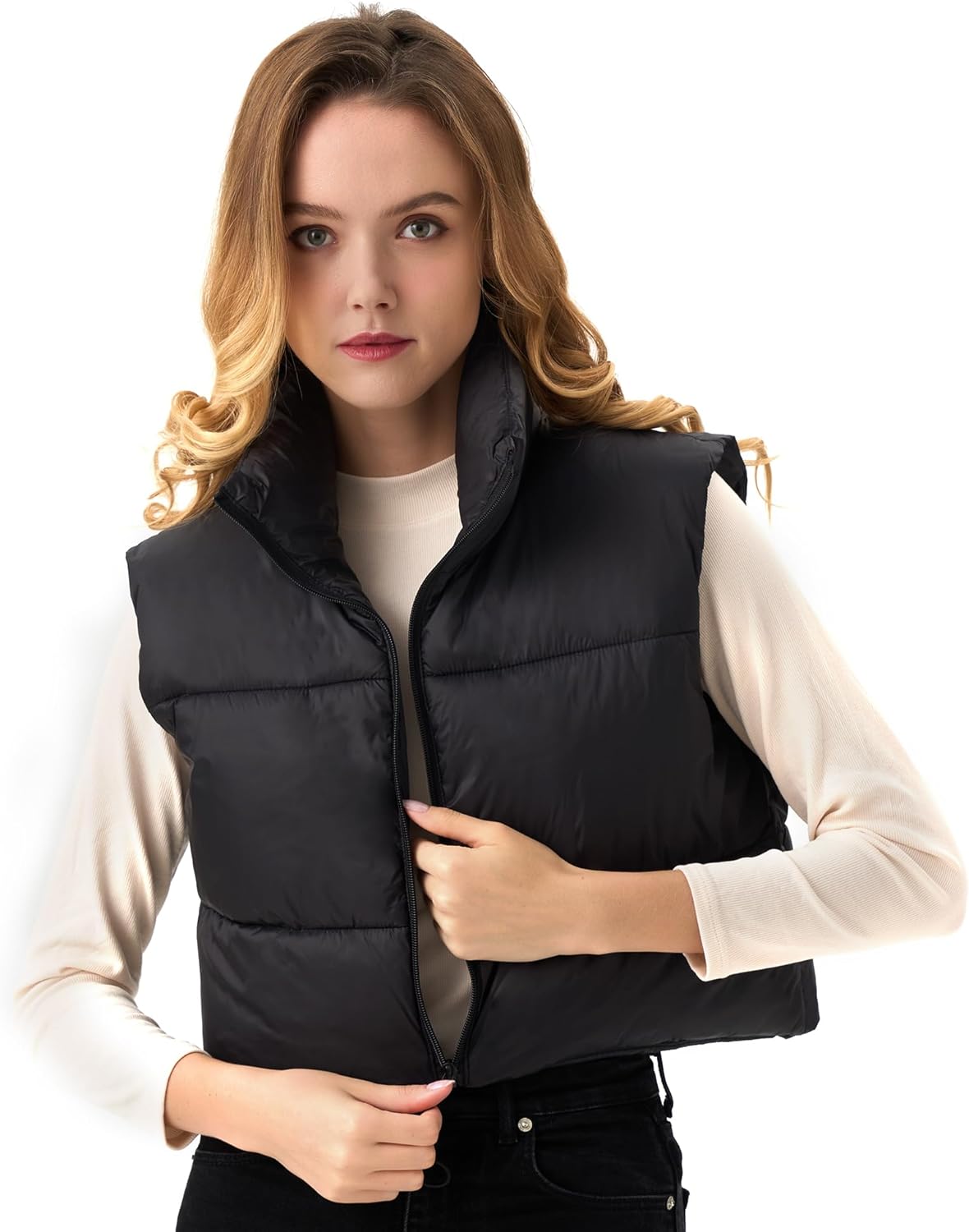 ANAYSN Women's Cropped Puffer Vest Lightweight Sleeveless Warm Vests For Women Winter Stand Collar Padded Gilet