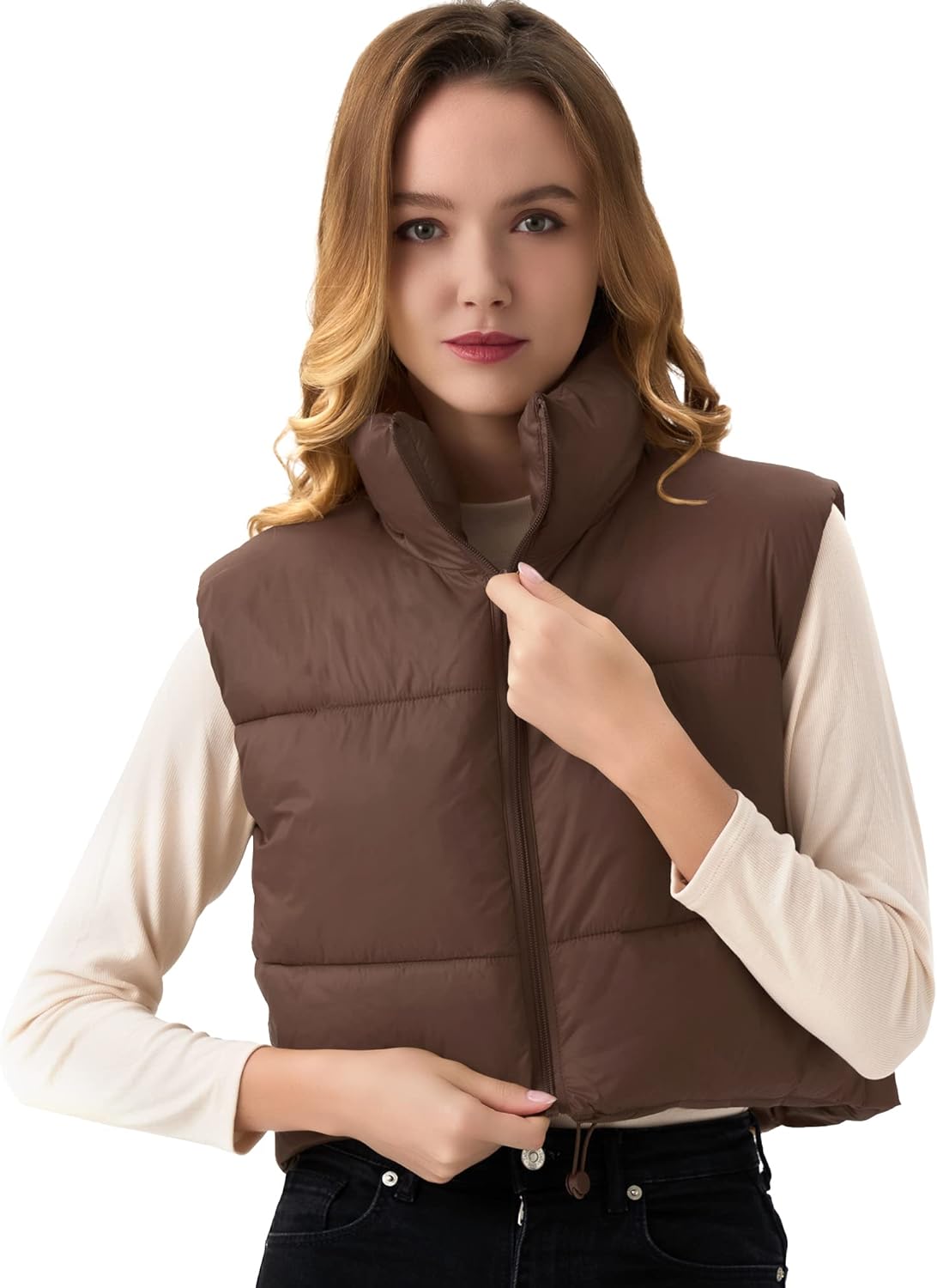 ANAYSN Women's Cropped Puffer Vest Lightweight Sleeveless Warm Vests For Women Winter Stand Collar Padded Gilet