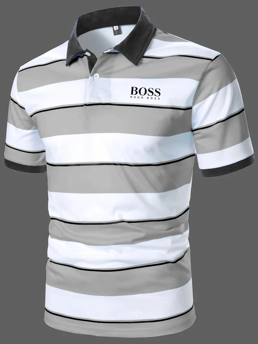Men Block Striped Casual Short Sleeve Polo Shirt