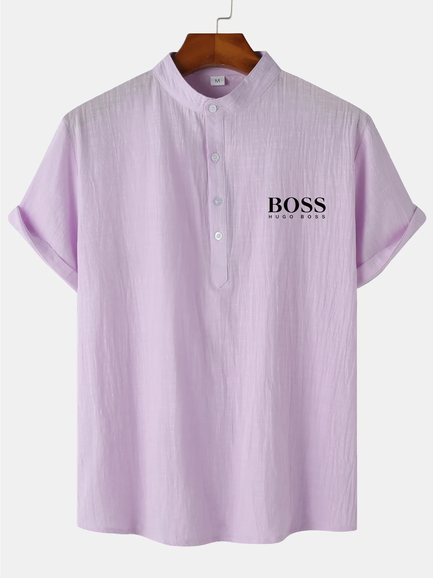 Men's Cotton Linen Stand Collar Casual Beach Short Sleeve Shirt